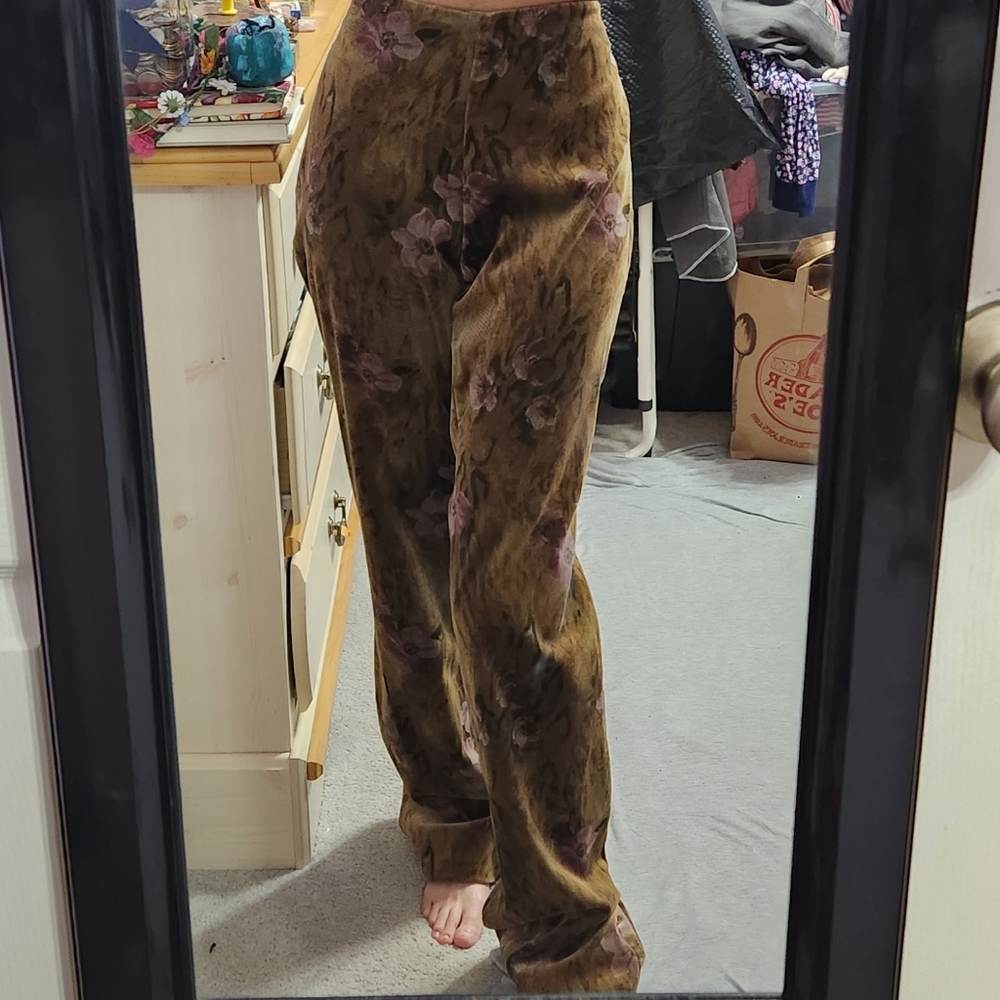 Vintage La Vore Floral Leopard Print Velvet Flare Leg Pants - Picture 2 of 12